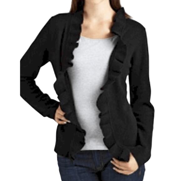 Garnet Hill 100% Cashmere open front black sweater delicate ruffle collar - Picture 1 of 8